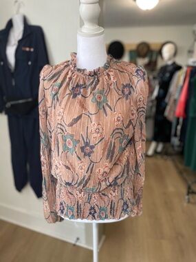 Joie Peach Floral Ruffle-Neck Blouse